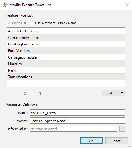 Viewing the Feature Types to Read parameter